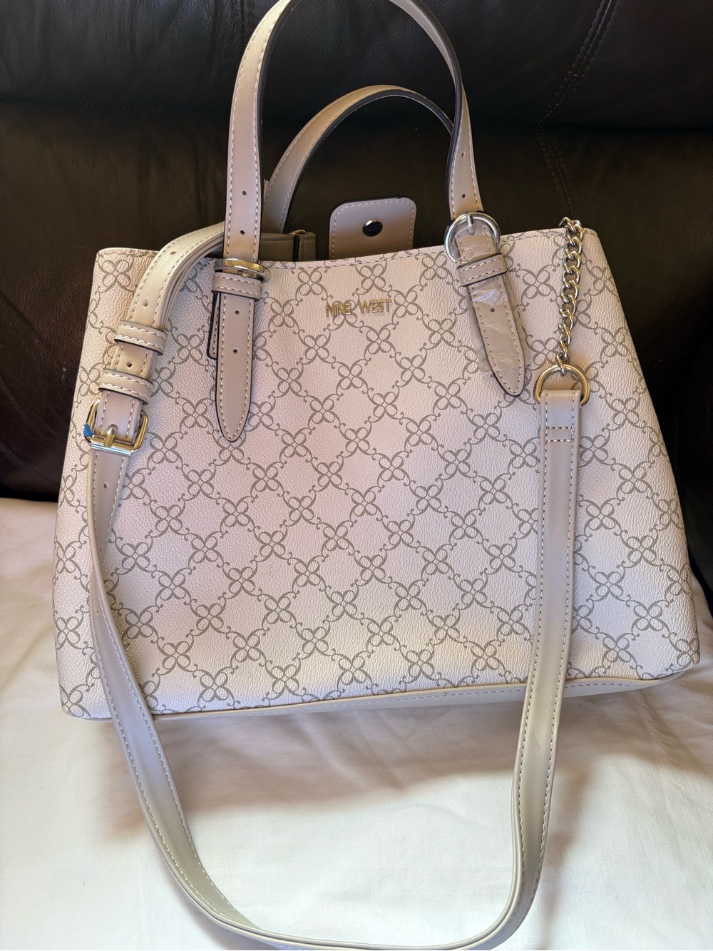 Nine West Cream Logo-Print Satchel with Gold Hardware